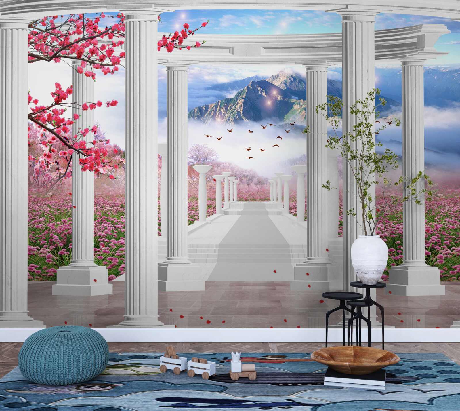 Фотошпалери квітучий сад і білосніжна альтанка