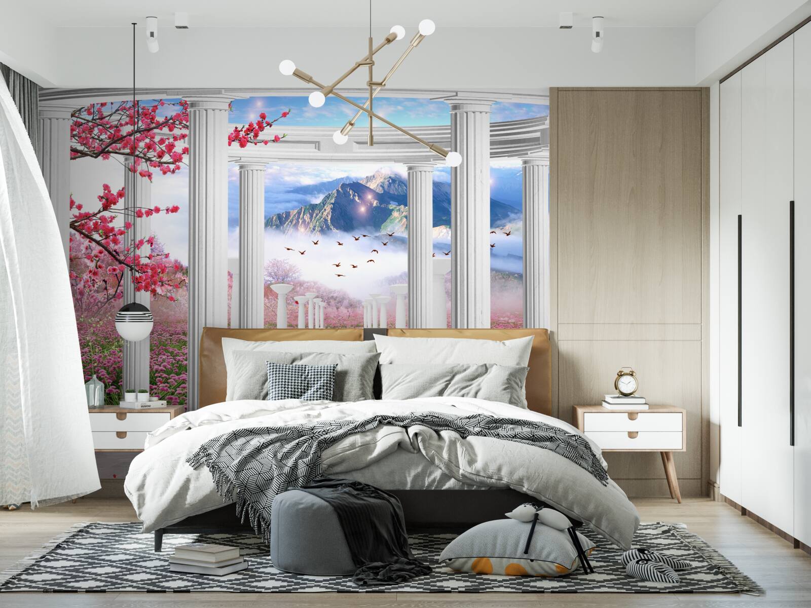 Фотошпалери квітучий сад і білосніжна альтанка