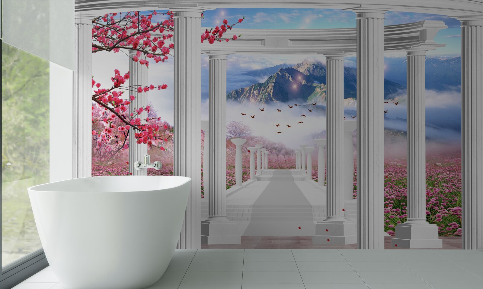 Фотошпалери квітучий сад і білосніжна альтанка