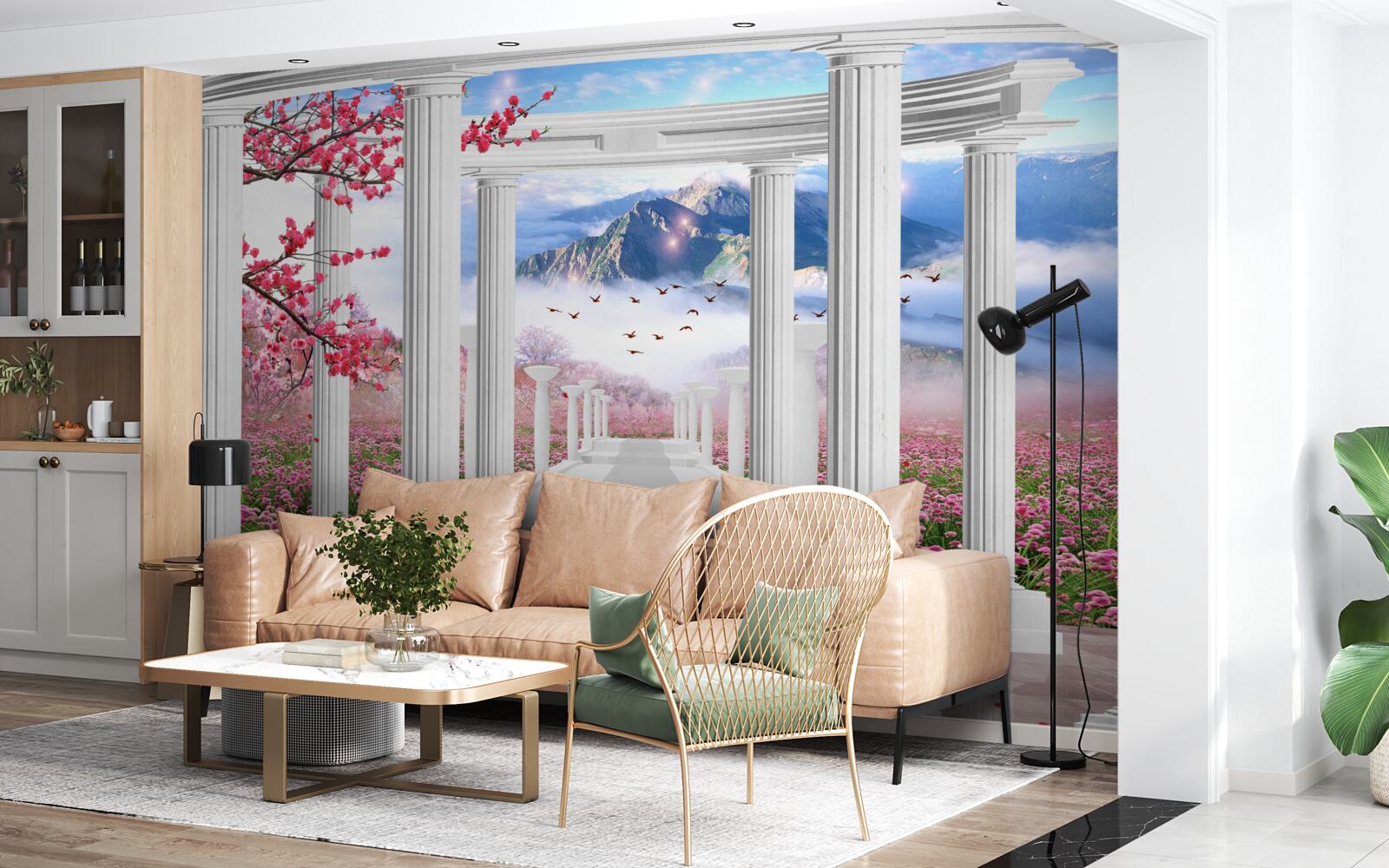 Фотошпалери квітучий сад і білосніжна альтанка