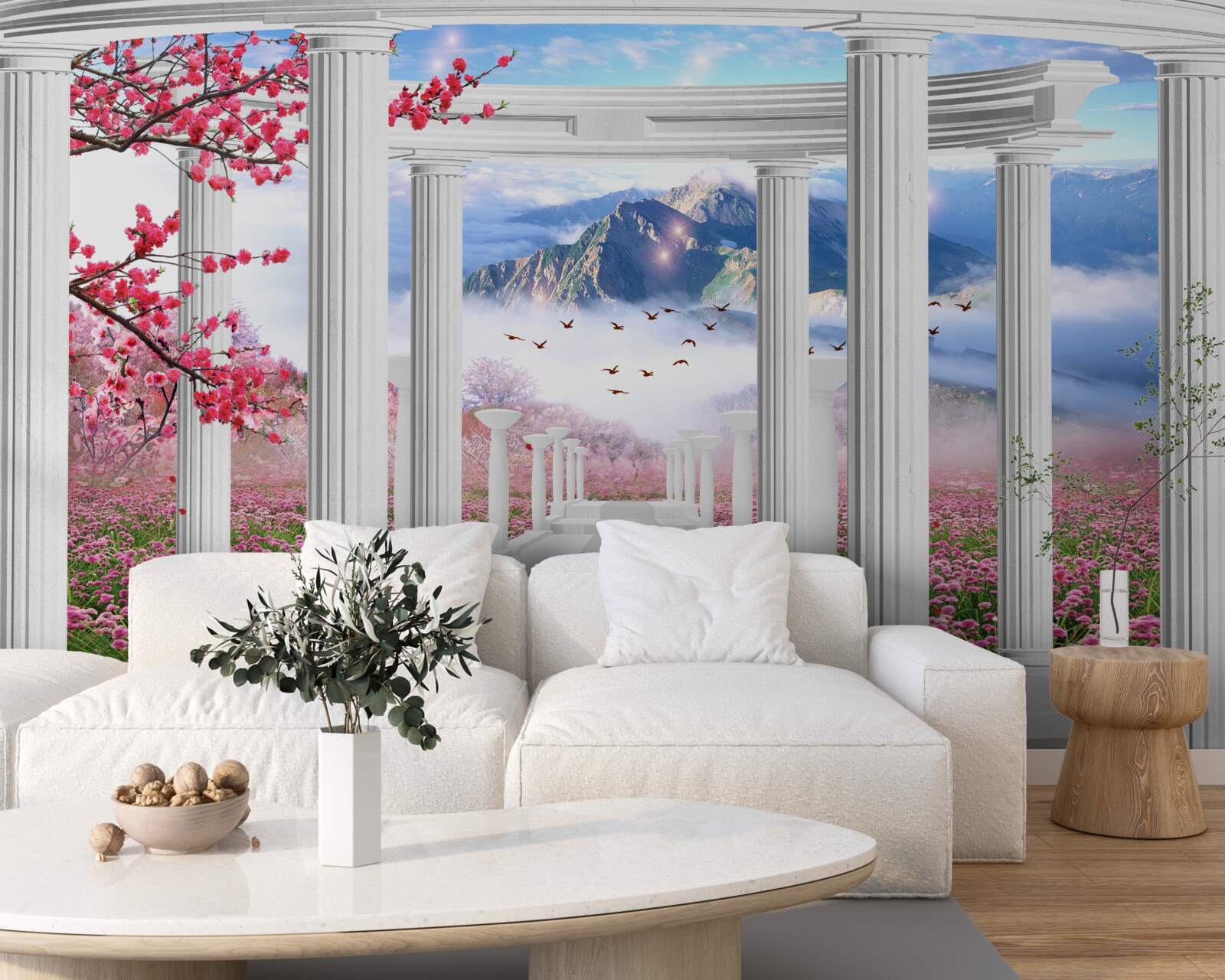 Фотошпалери квітучий сад і білосніжна альтанка