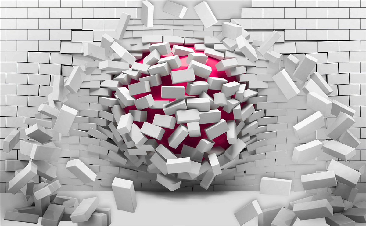 Фотошпалери червона куля руйнує цегляну стіну