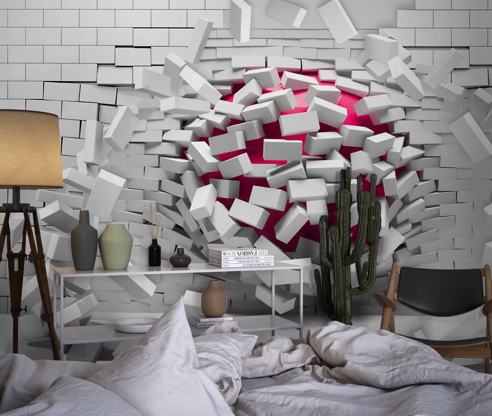 Фотошпалери червона куля руйнує цегляну стіну