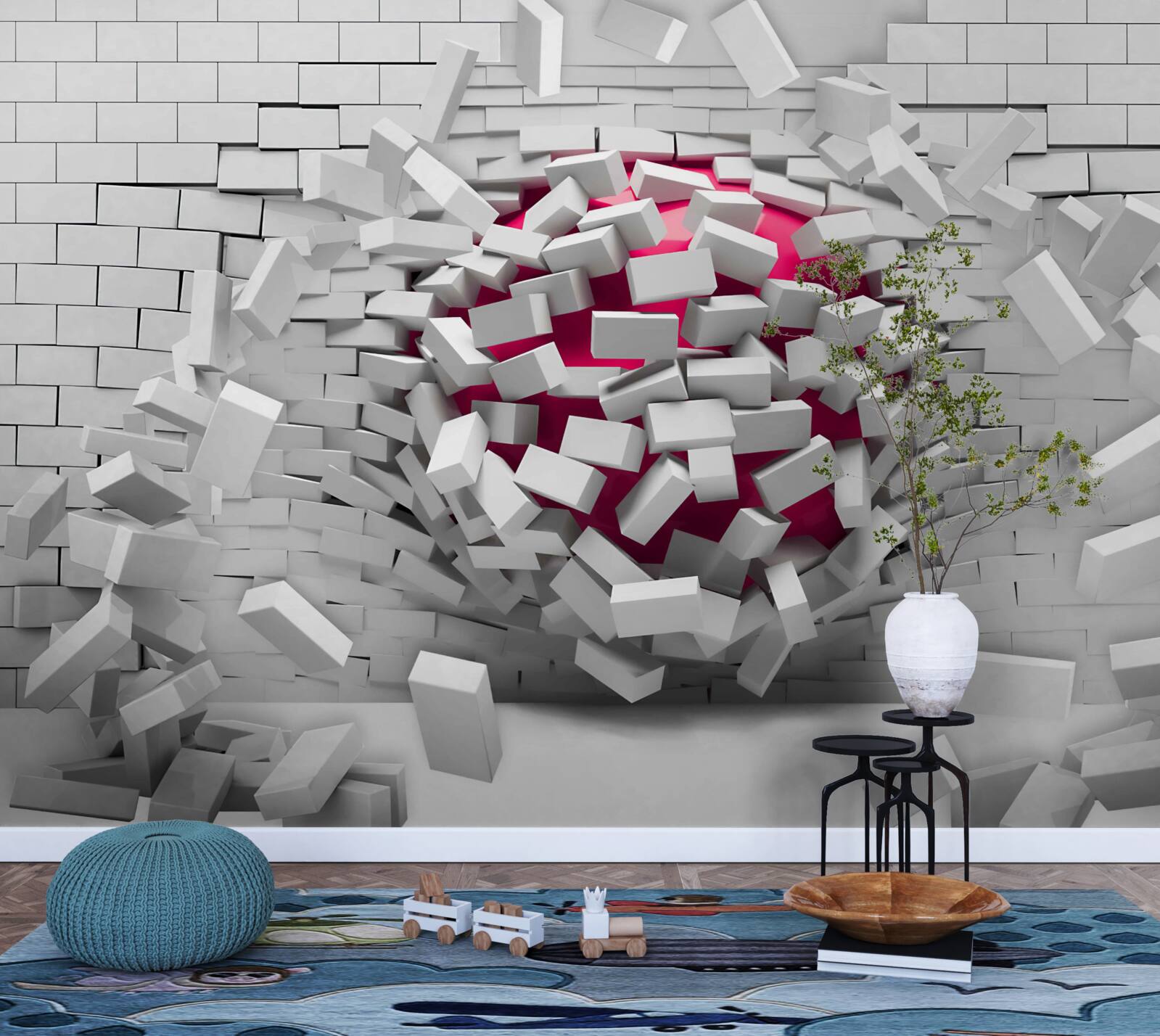 Фотошпалери червона куля руйнує цегляну стіну