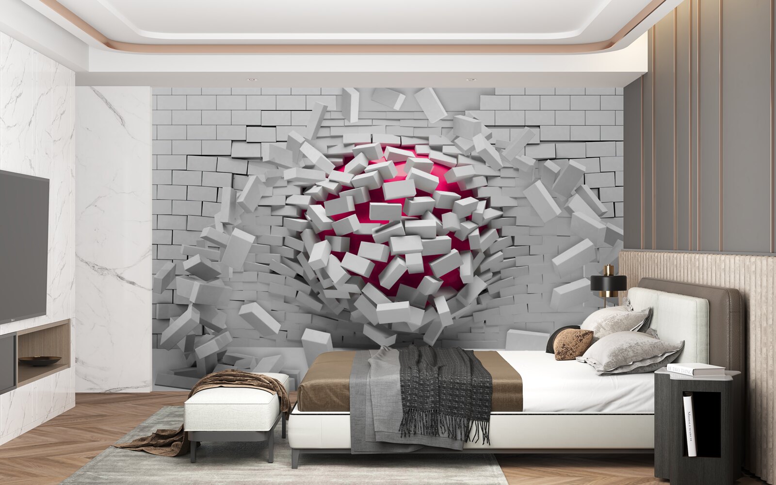 Фотошпалери червона куля руйнує цегляну стіну