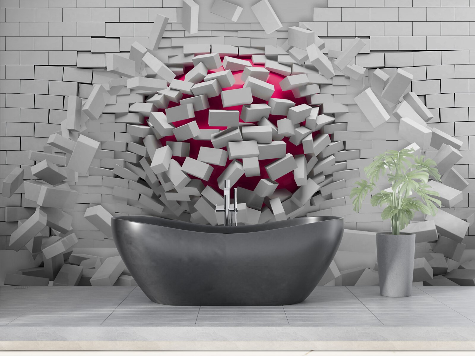 Фотошпалери червона куля руйнує цегляну стіну