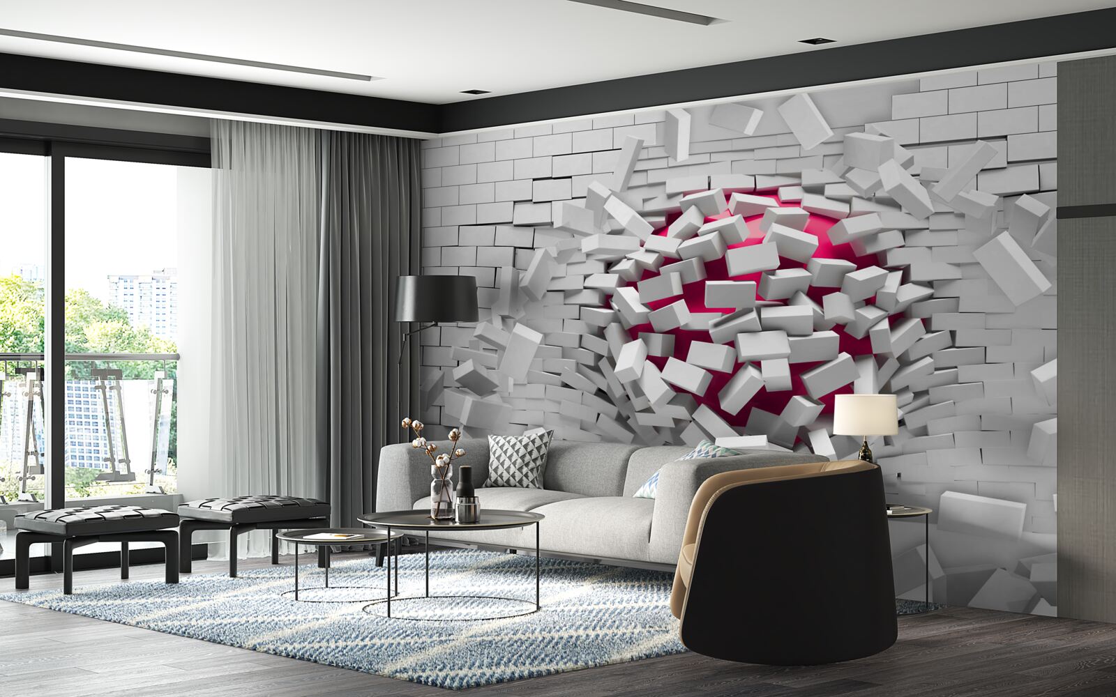 Фотошпалери червона куля руйнує цегляну стіну