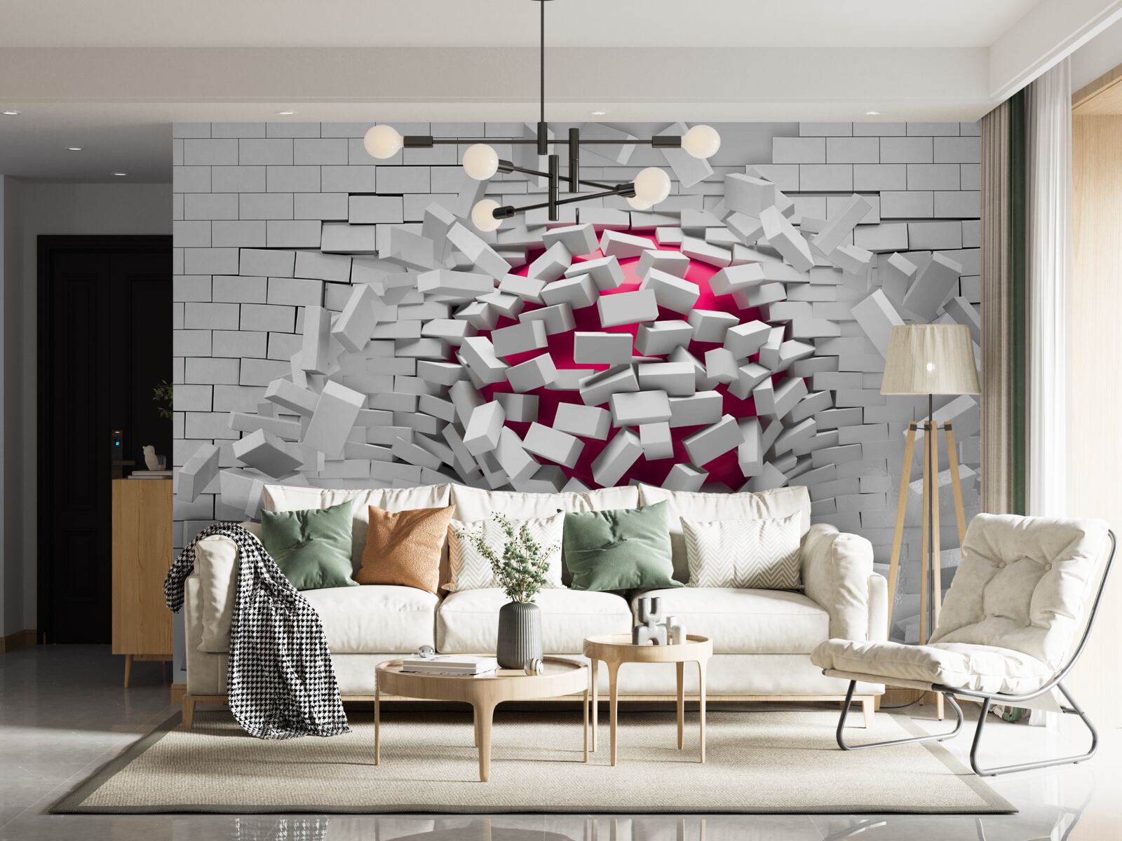 Фотошпалери червона куля руйнує цегляну стіну