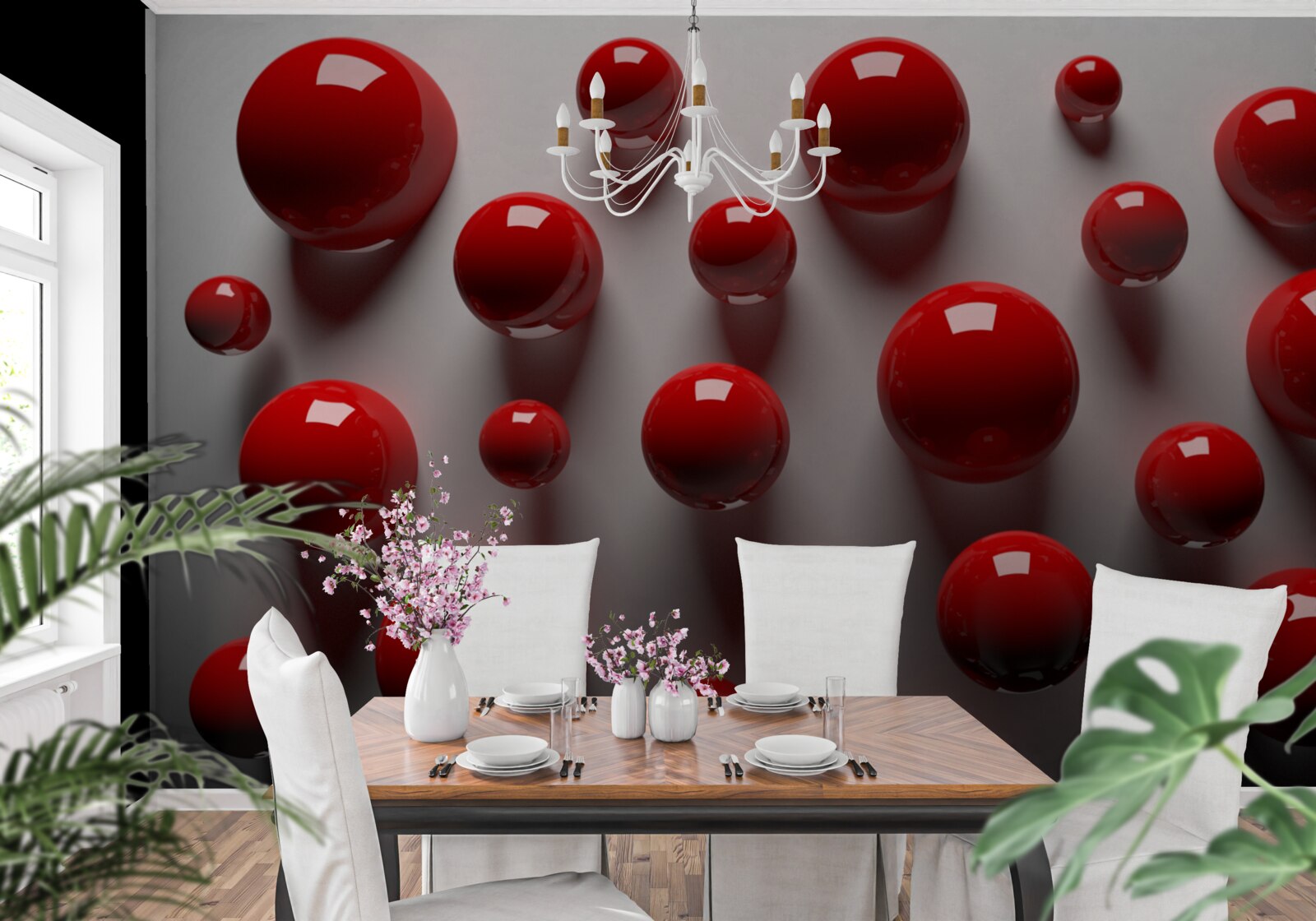 Фотошпалери червоні кульки плавають на світлому тлі