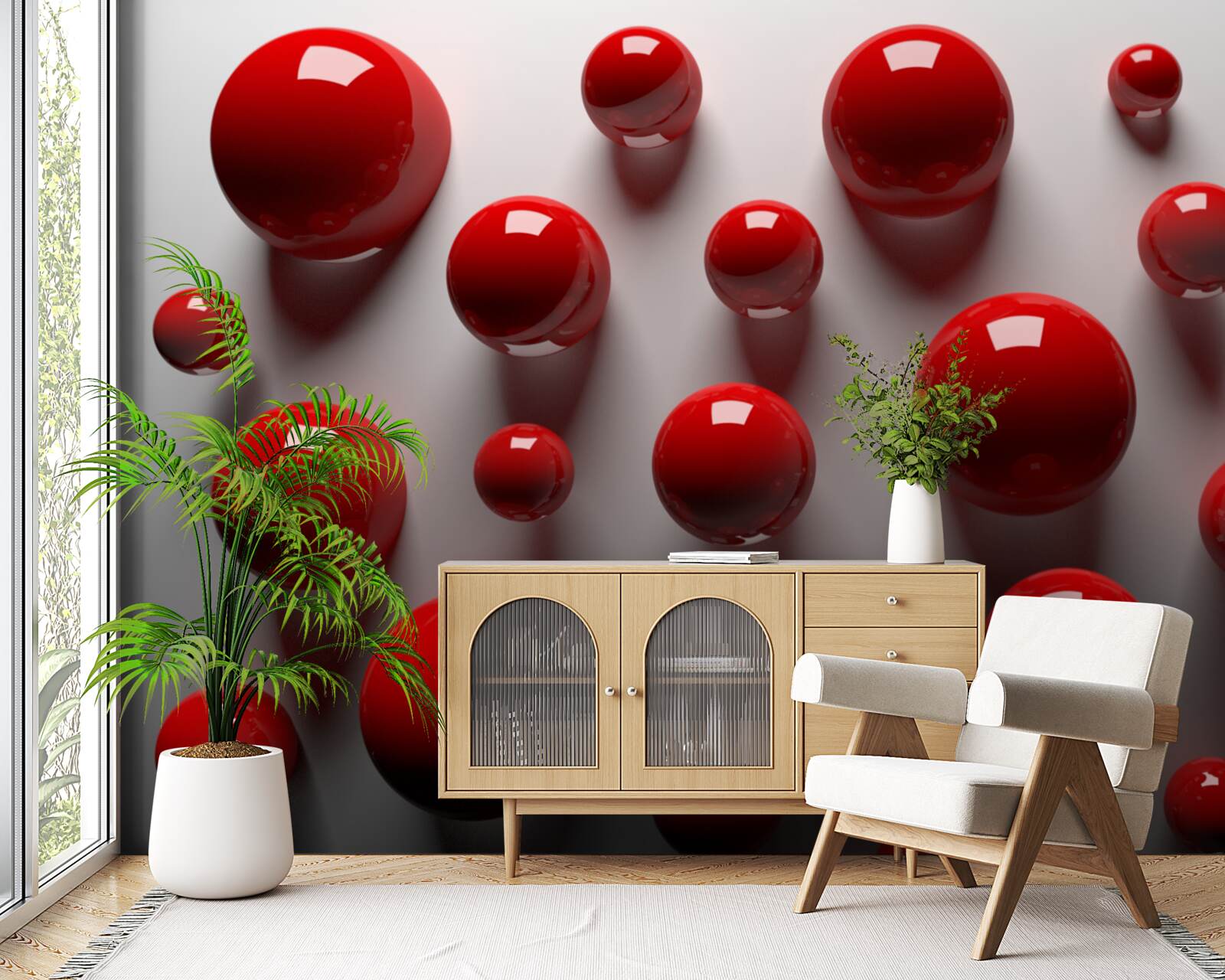 Фотошпалери червоні кульки плавають на світлому тлі