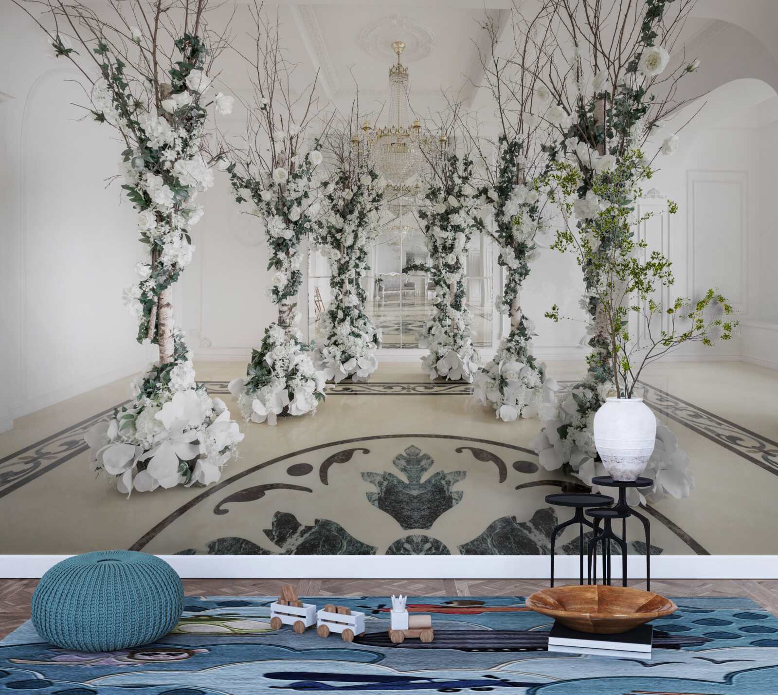 Фотошпалери в кімнаті з білими колонами