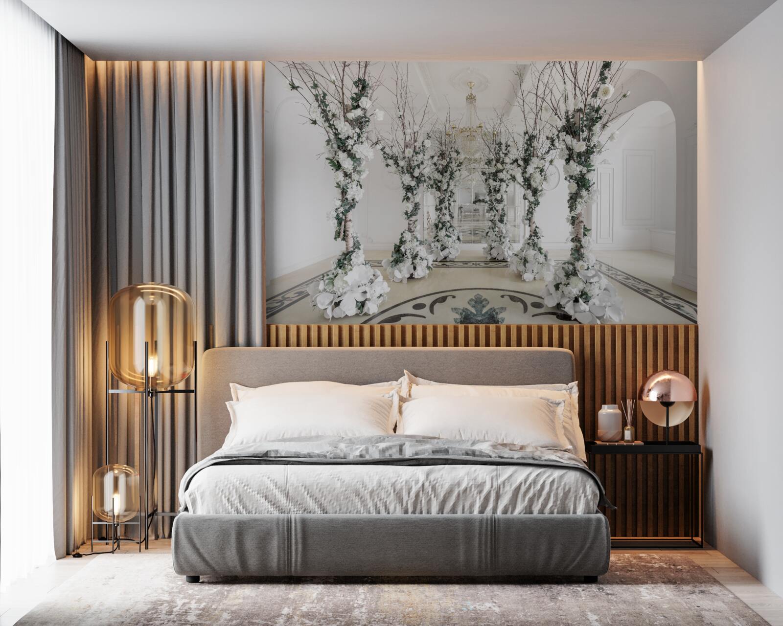 Фотошпалери в кімнаті з білими колонами