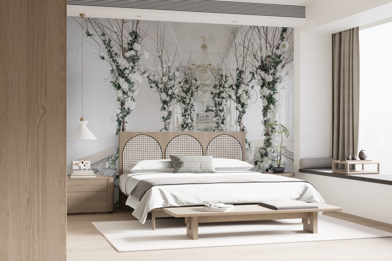 Фотошпалери в кімнаті з білими колонами