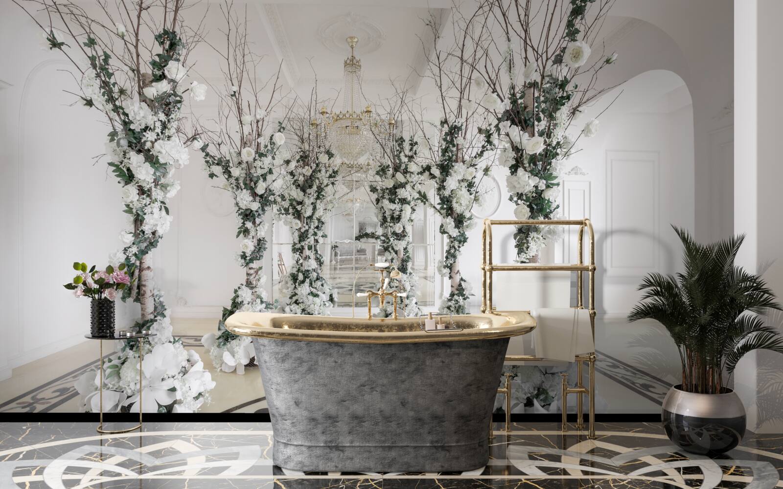 Фотошпалери в кімнаті з білими колонами