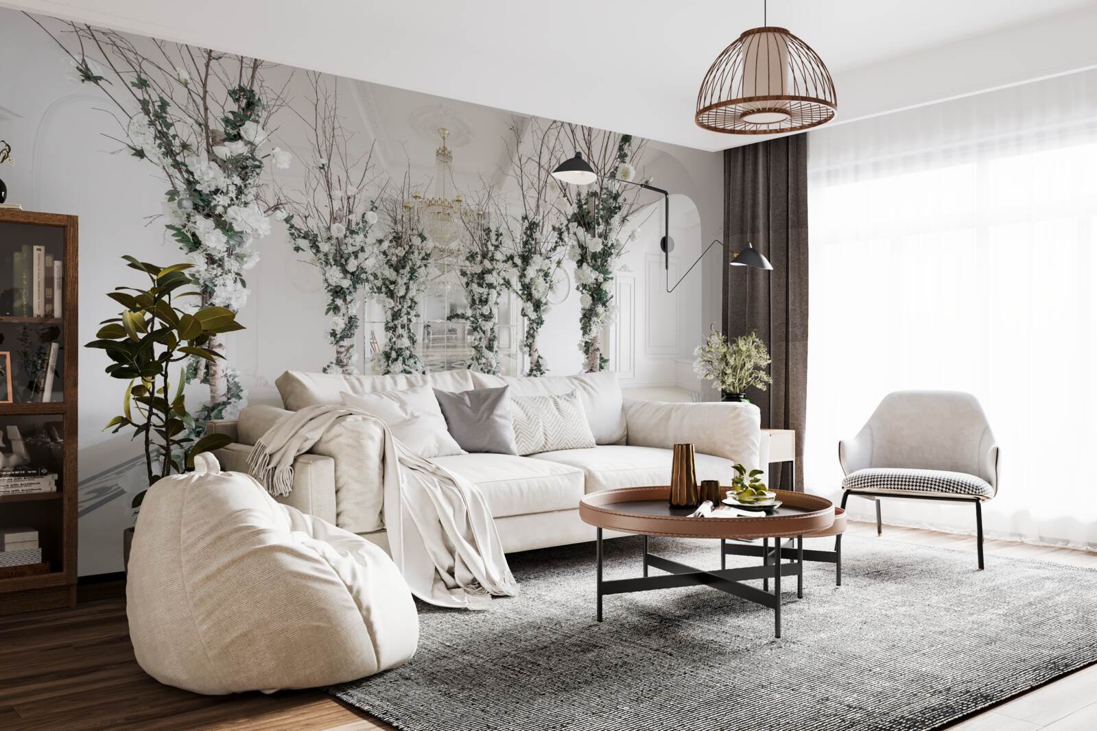 Фотошпалери в кімнаті з білими колонами