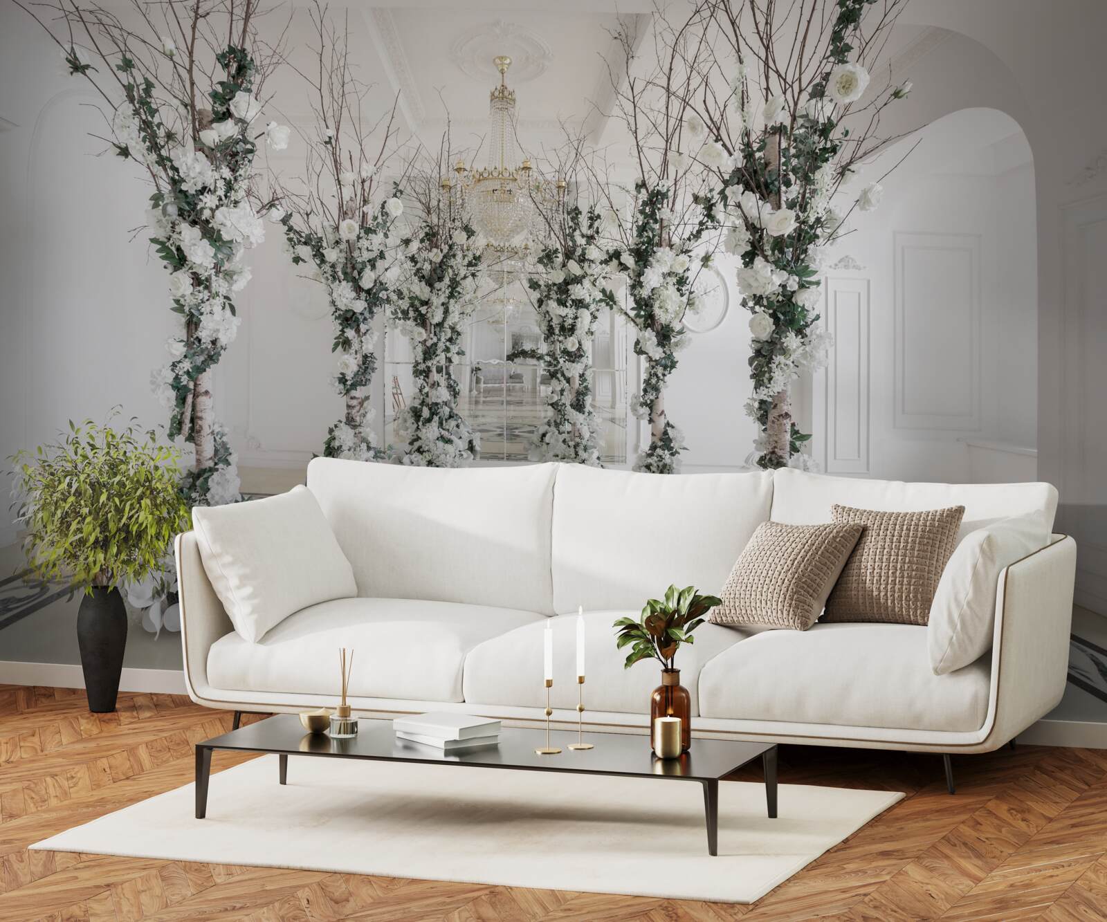 Фотошпалери в кімнаті з білими колонами