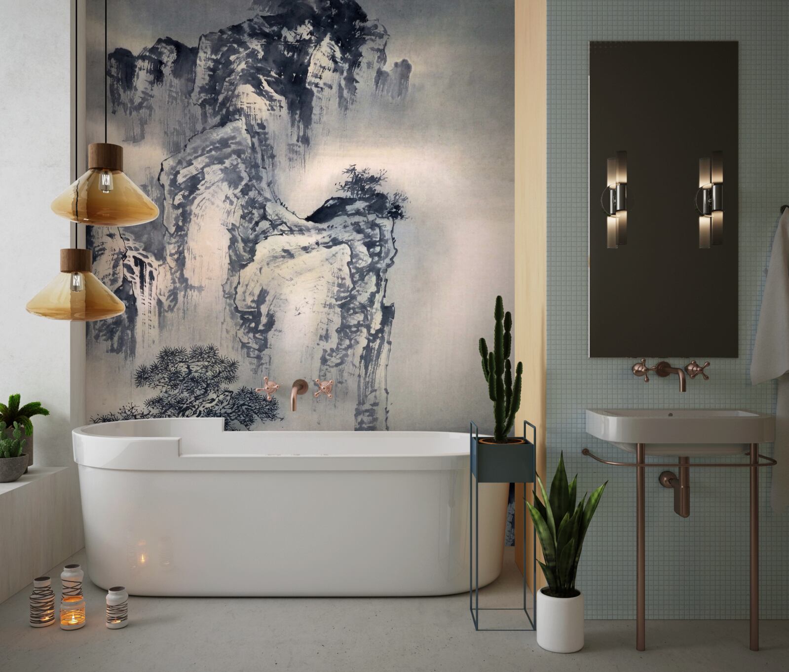 Фотошпалери високі дерева і гори - це абстракції