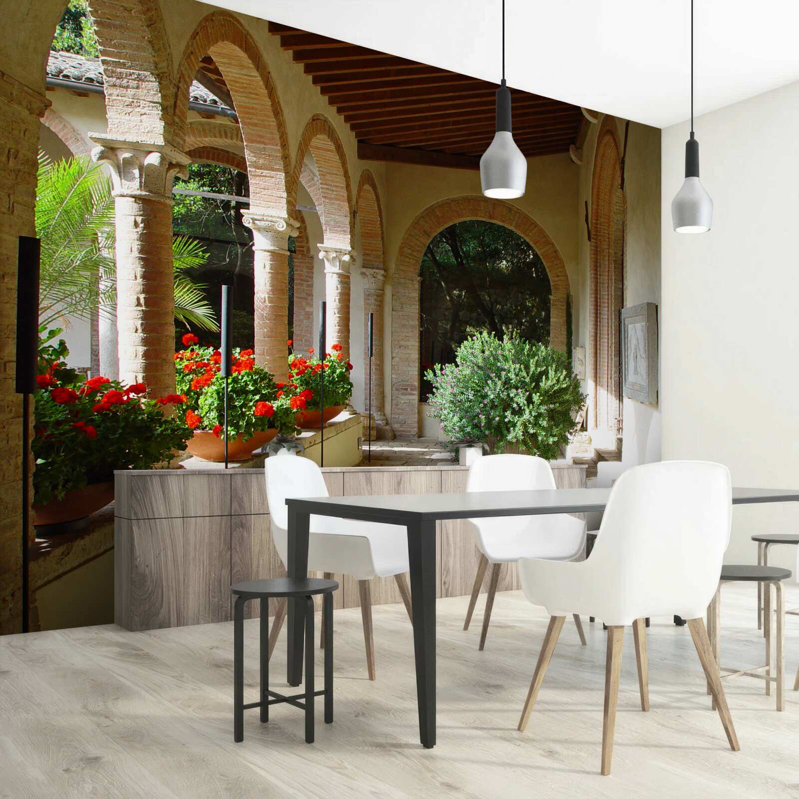 Фотошпалери округлі кам'яні арки та квіти в горщиках