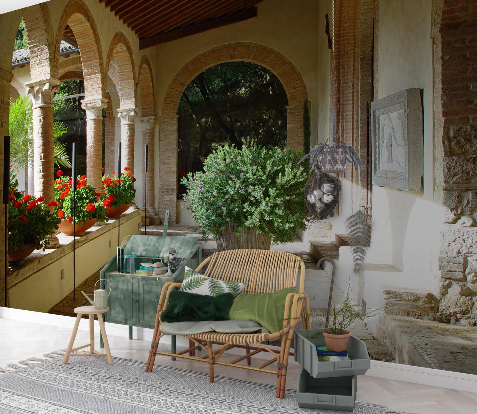 Фотошпалери округлі кам'яні арки та квіти в горщиках