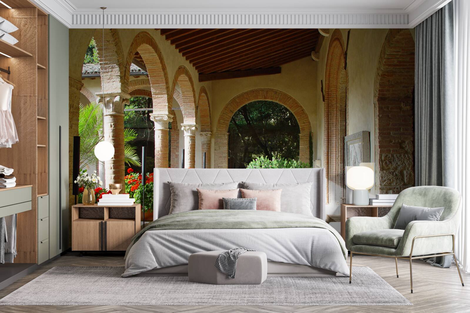 Фотошпалери округлі кам'яні арки та квіти в горщиках