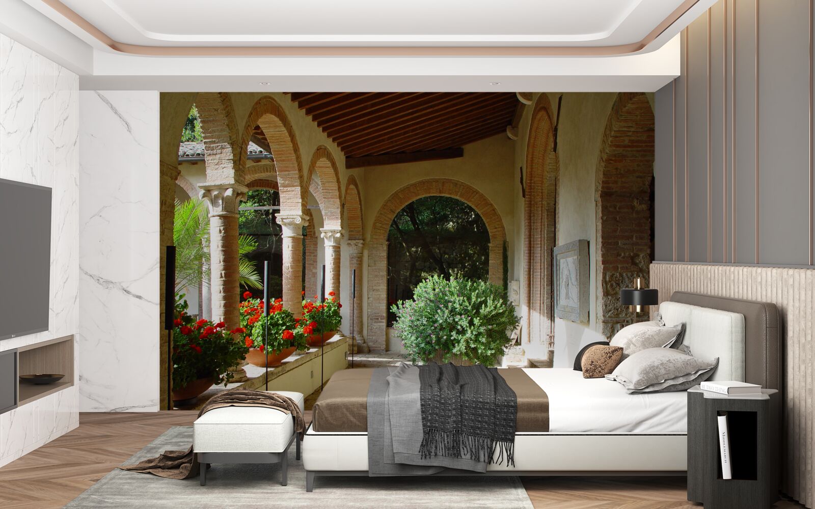 Фотошпалери округлі кам'яні арки та квіти в горщиках