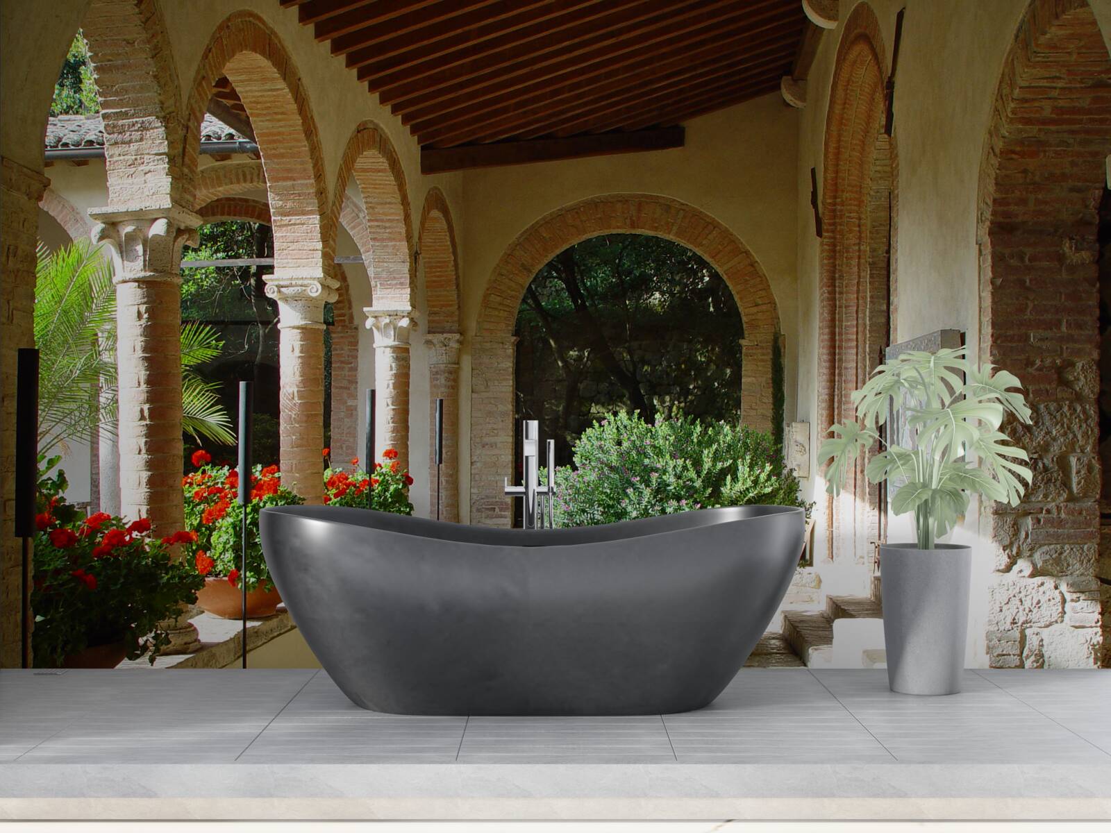 Фотошпалери округлі кам'яні арки та квіти в горщиках