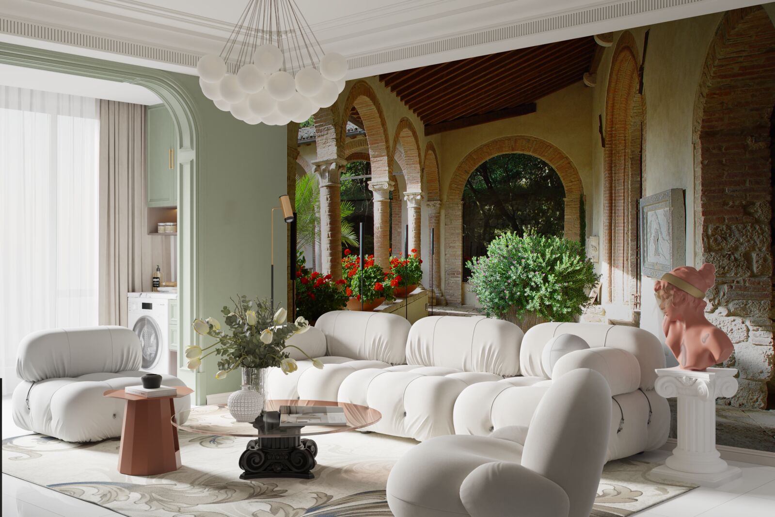 Фотошпалери округлі кам'яні арки та квіти в горщиках