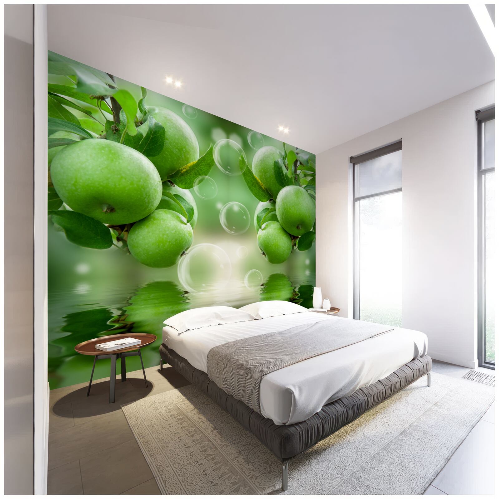 Фотошпалери зелені яблука соковито віддзеркалюються у воді