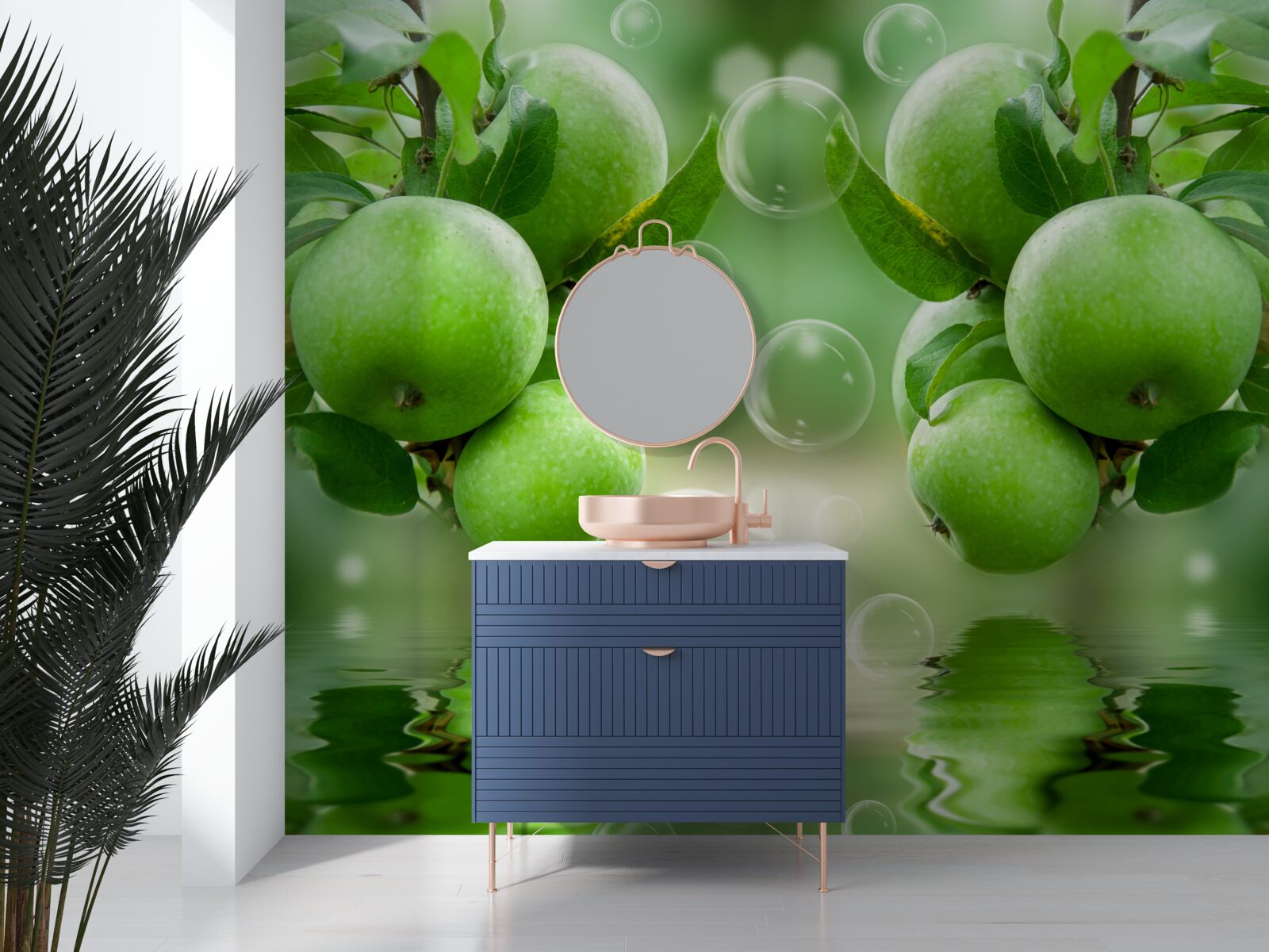 Фотошпалери зелені яблука соковито віддзеркалюються у воді