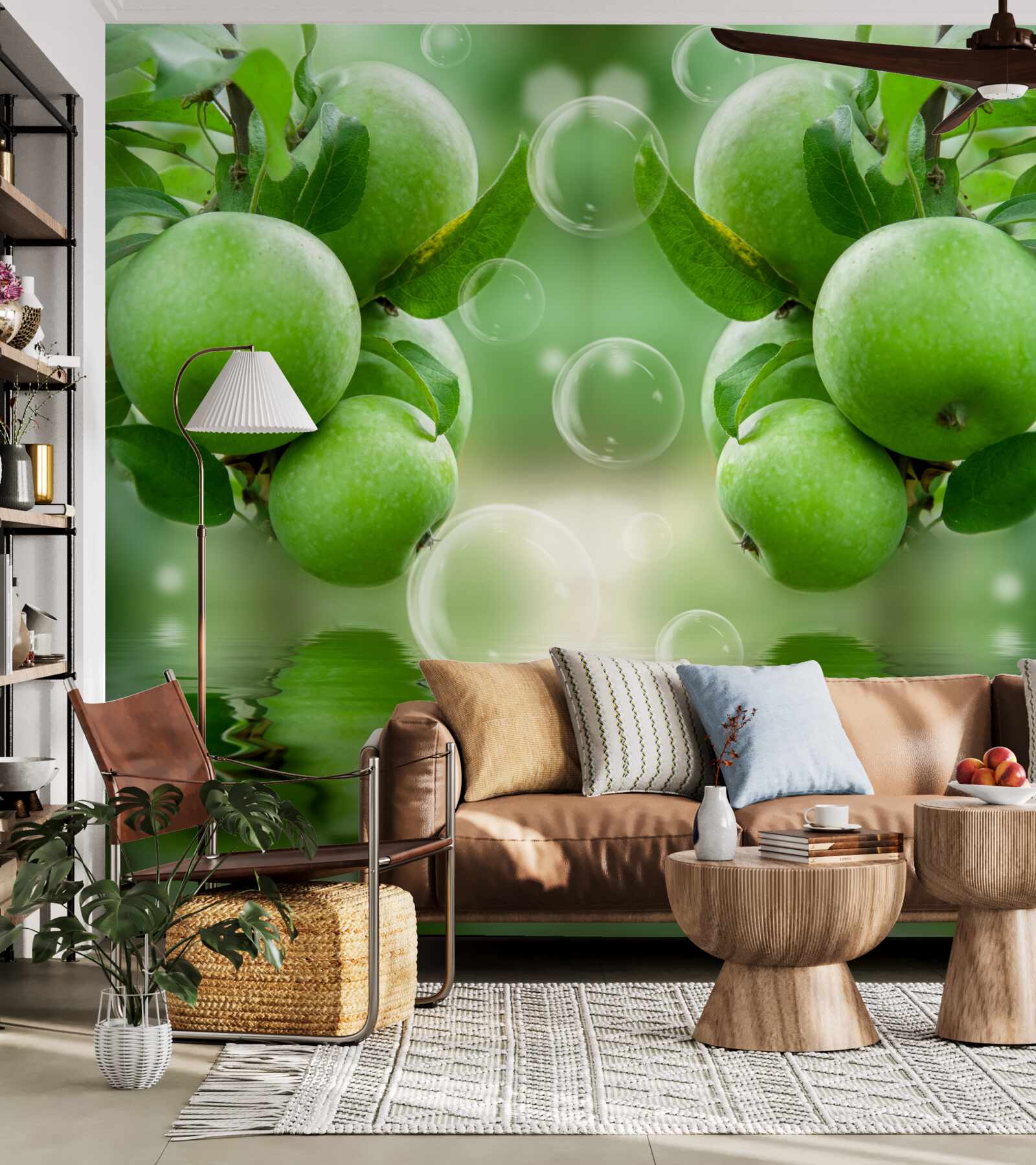 Фотошпалери зелені яблука соковито віддзеркалюються у воді