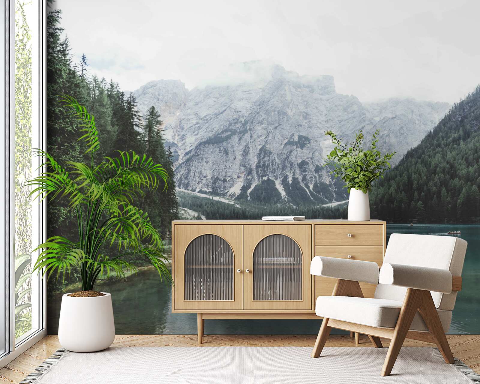 Фотошпалери спокійна річка в горах серед хвойних дерев