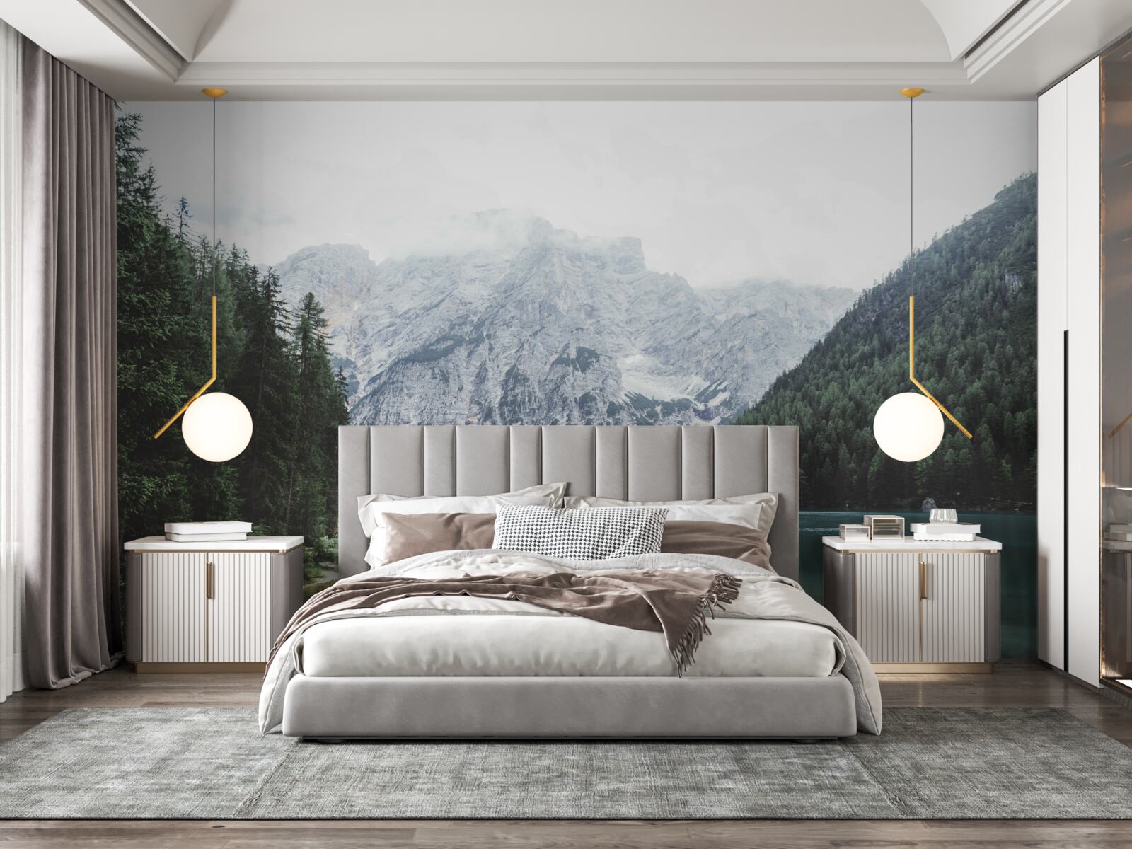 Фотошпалери спокійна річка в горах серед хвойних дерев