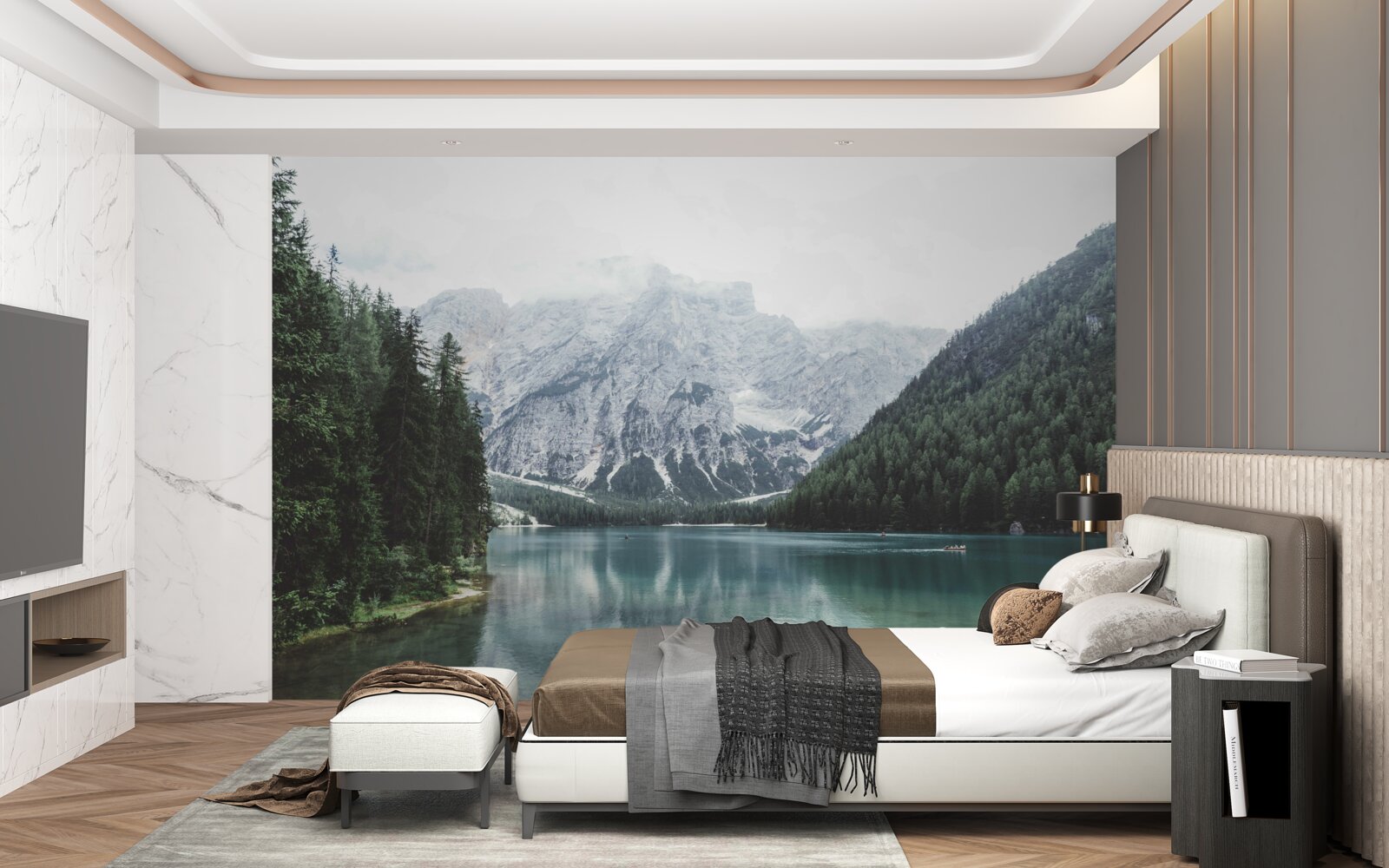 Фотошпалери спокійна річка в горах серед хвойних дерев