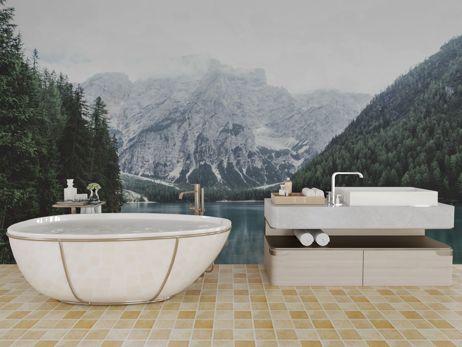 Фотошпалери спокійна річка в горах серед хвойних дерев