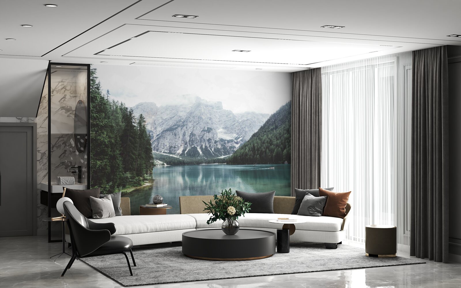 Фотошпалери спокійна річка в горах серед хвойних дерев