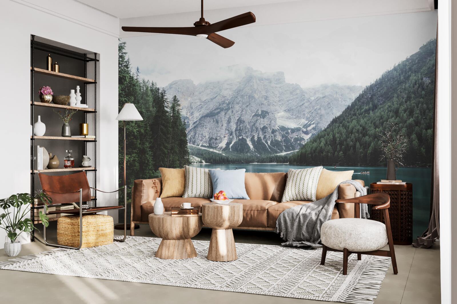 Фотошпалери спокійна річка в горах серед хвойних дерев