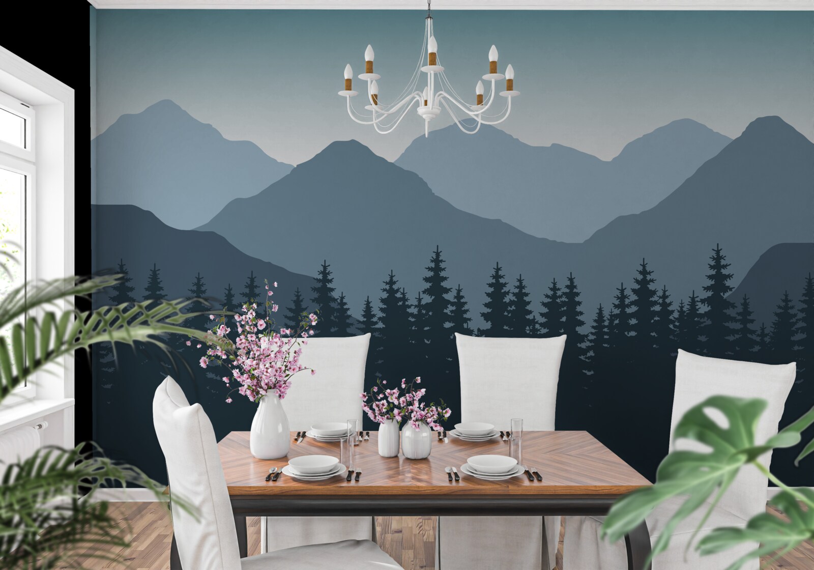 Фотошпалери туманні гори та хвойний ліс