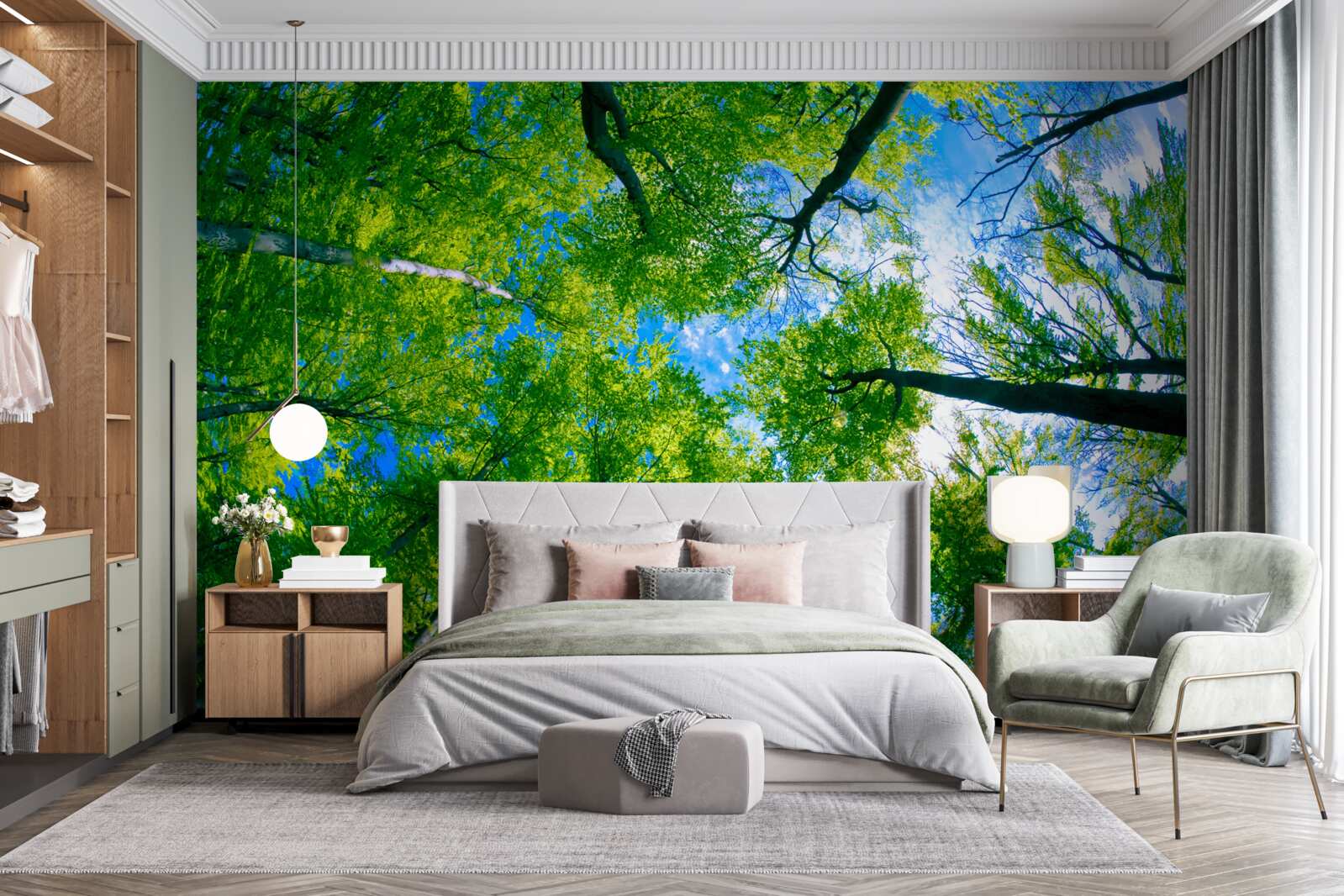 Фотошпалери смарагдовий ліс на тлі блакитного неба