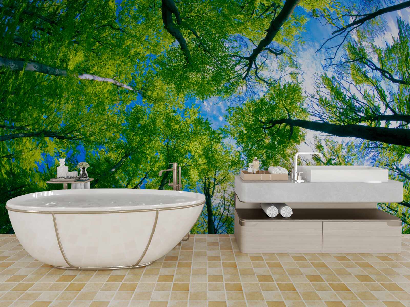 Фотошпалери смарагдовий ліс на тлі блакитного неба