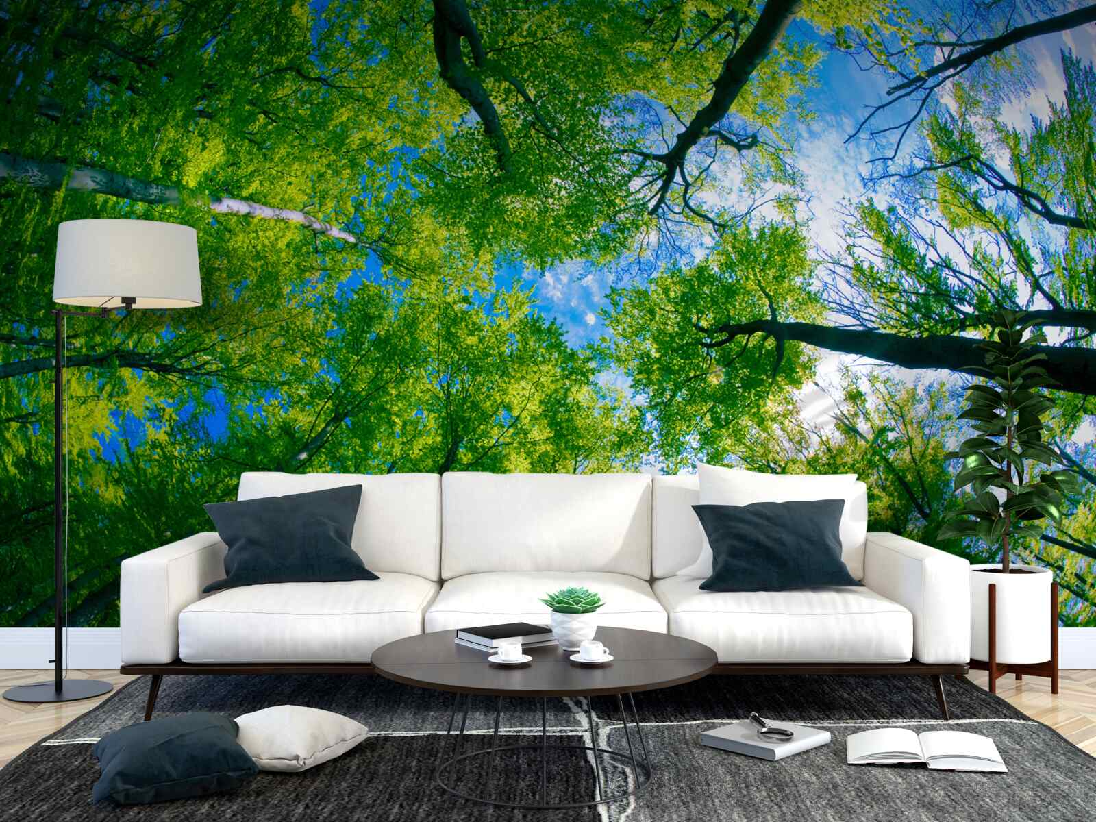 Фотошпалери смарагдовий ліс на тлі блакитного неба