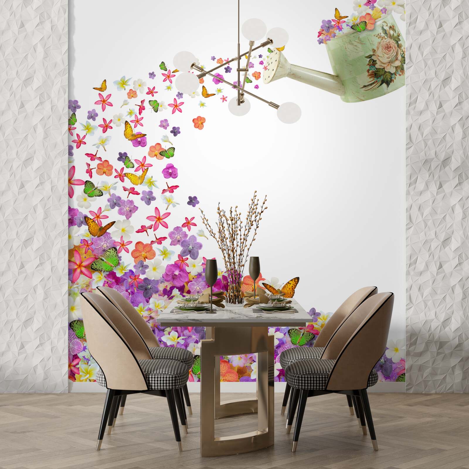 Фотошпалери лійка з літніми квітами та метеликами