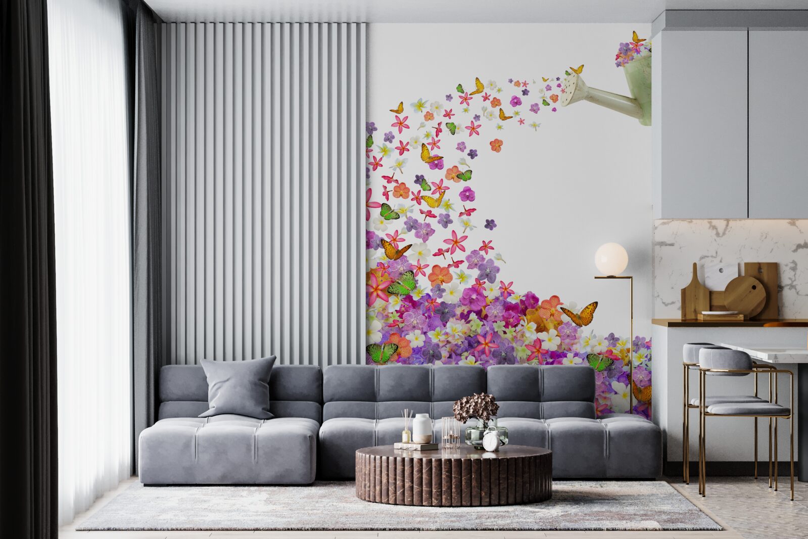 Фотошпалери лійка з літніми квітами та метеликами