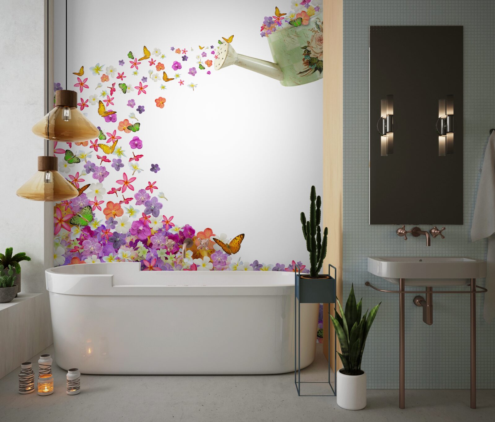 Фотошпалери лійка з літніми квітами та метеликами