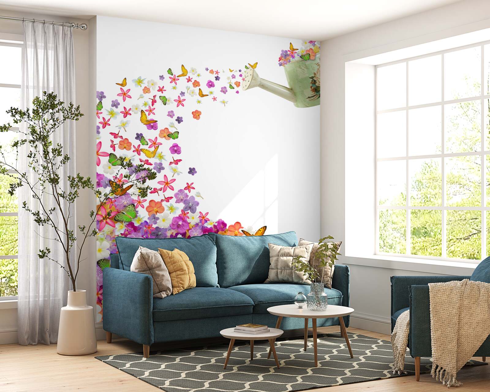 Фотошпалери лійка з літніми квітами та метеликами