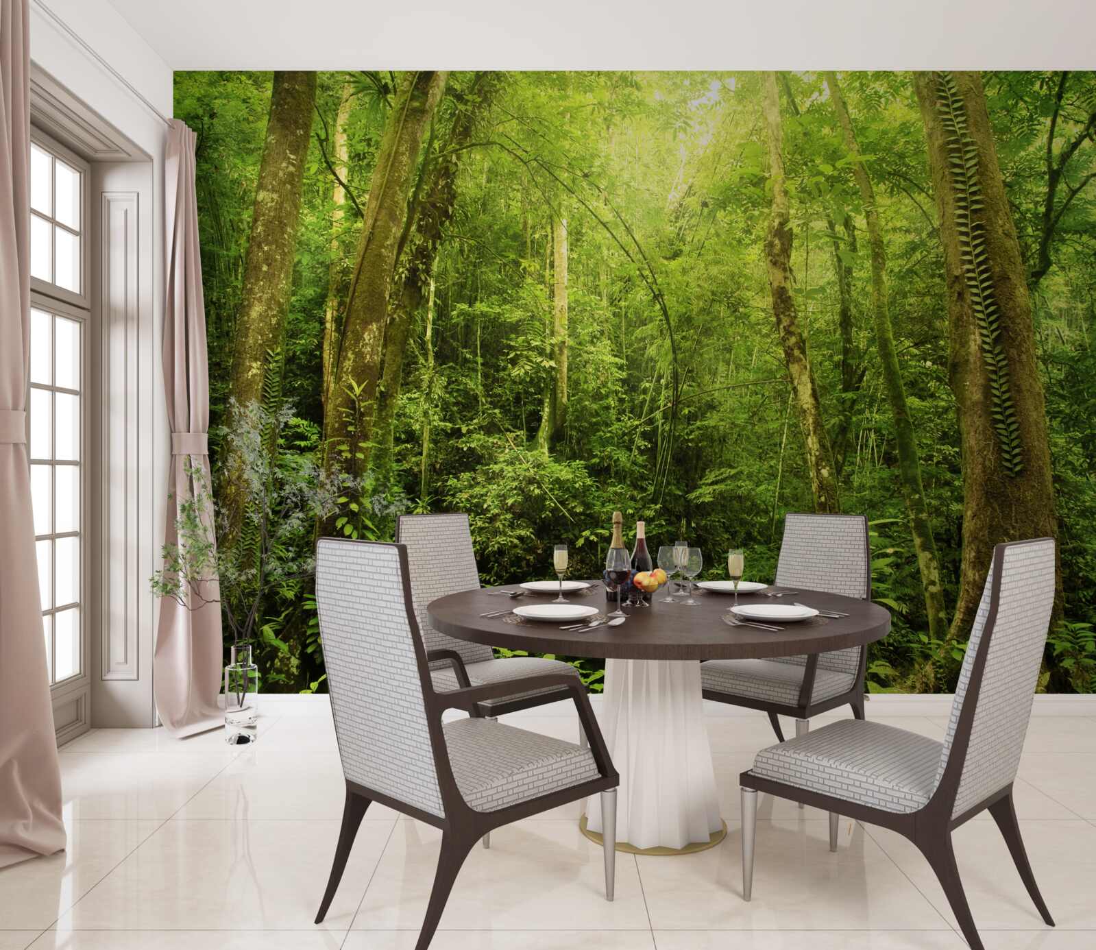 Фотошпалери сонячні промені пробиваються крізь густу зелень лісу