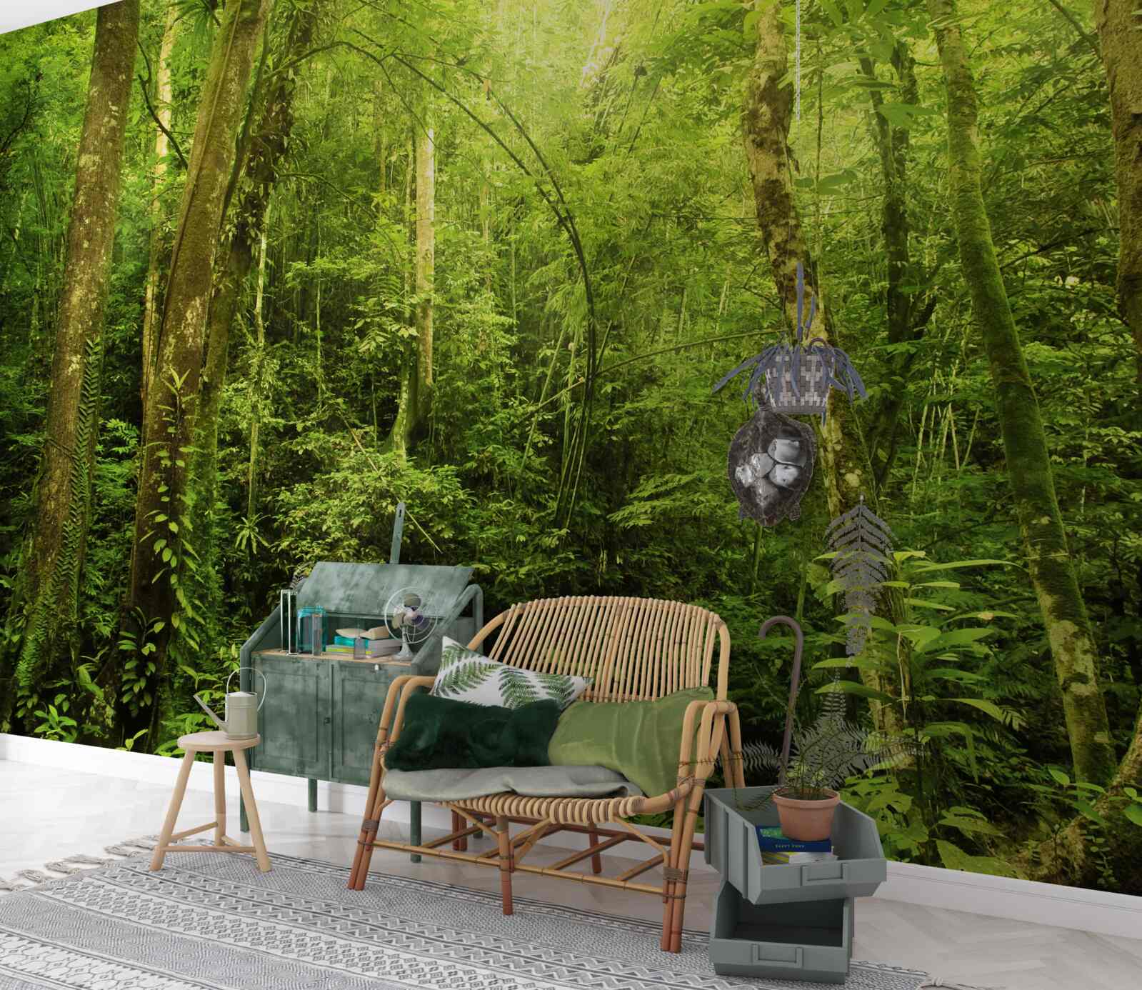 Фотошпалери сонячні промені пробиваються крізь густу зелень лісу