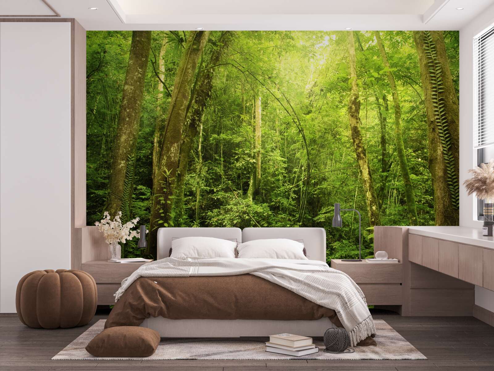 Фотошпалери сонячні промені пробиваються крізь густу зелень лісу