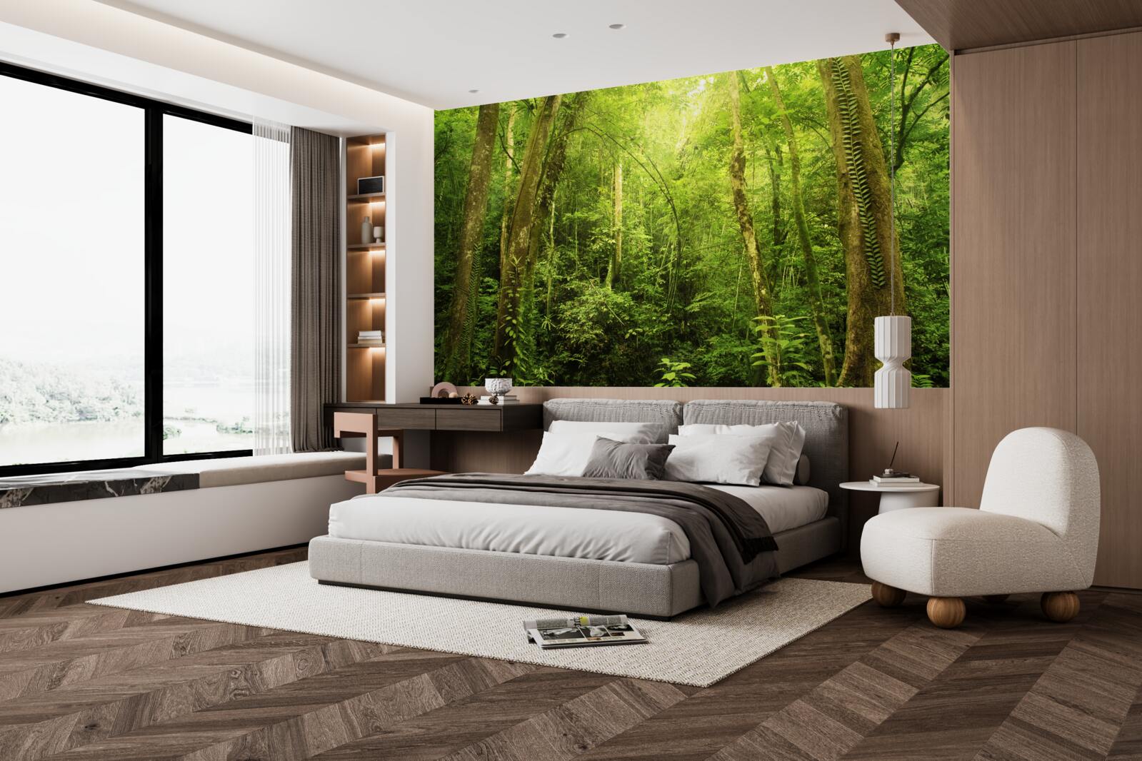 Фотошпалери сонячні промені пробиваються крізь густу зелень лісу