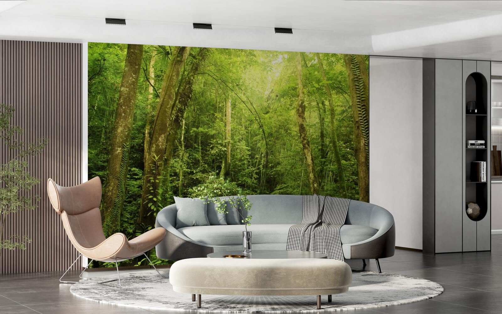 Фотошпалери сонячні промені пробиваються крізь густу зелень лісу