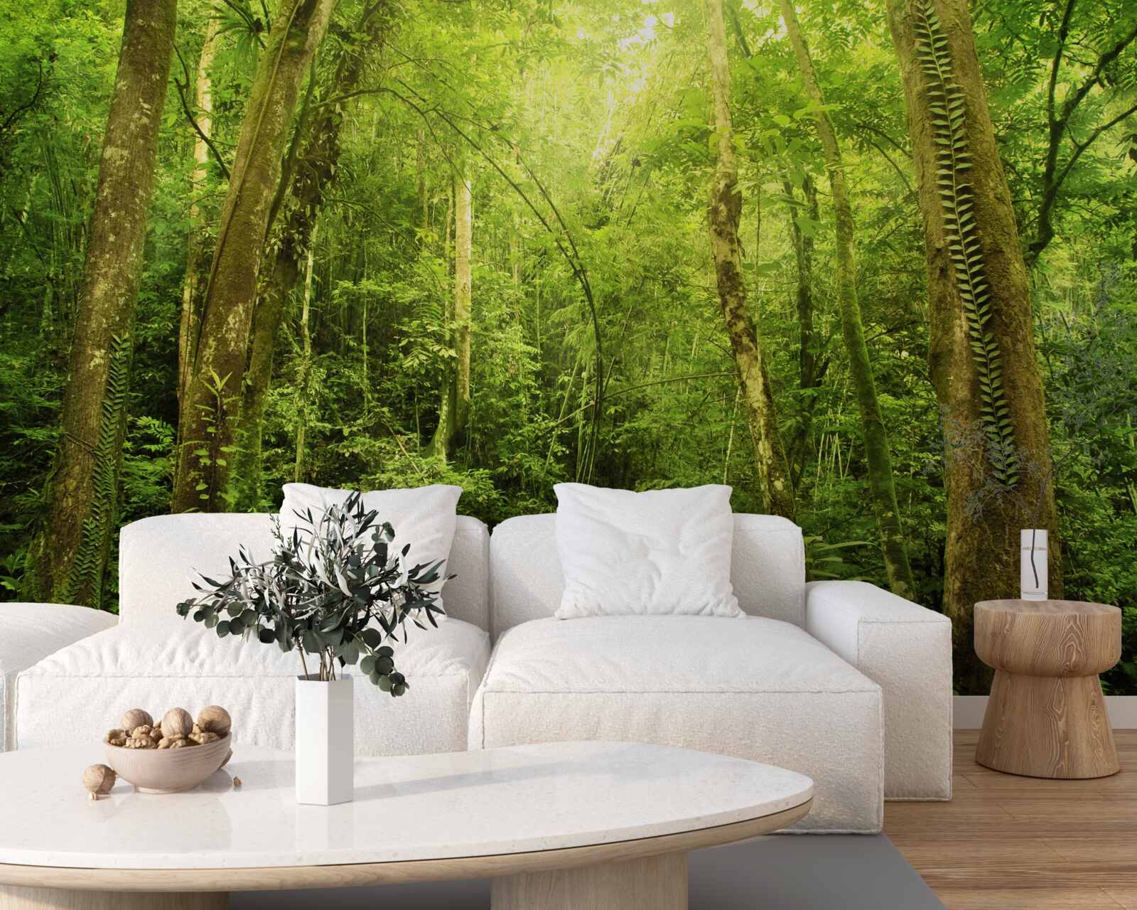 Фотошпалери сонячні промені пробиваються крізь густу зелень лісу